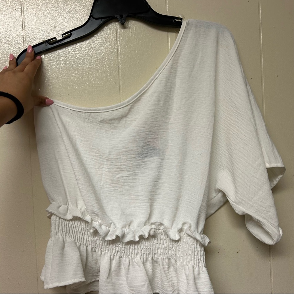 Peach Love California White Smocked Crop T-Shirt with Flutter Sleeves